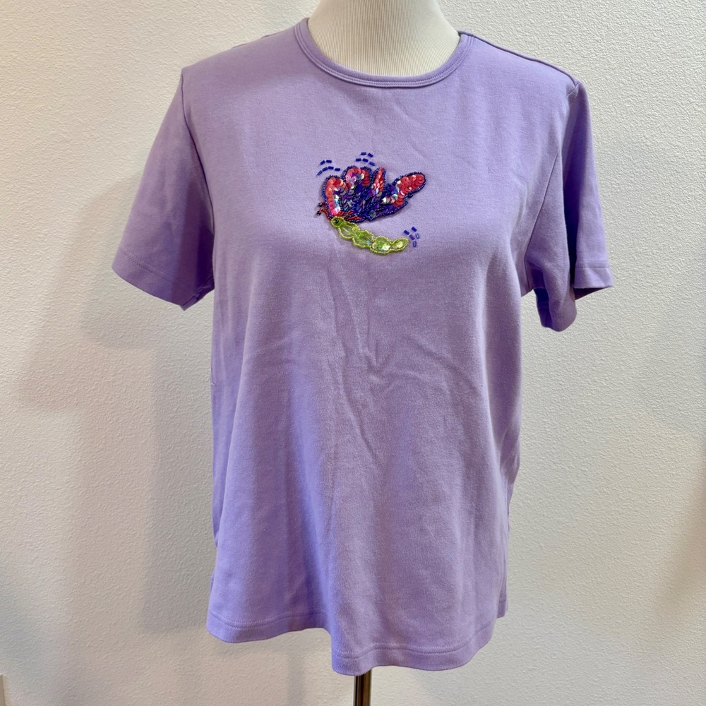 Quacker Factory Purple Butterfly Sequin Beaded Short Sleeve Knit Top Womens L